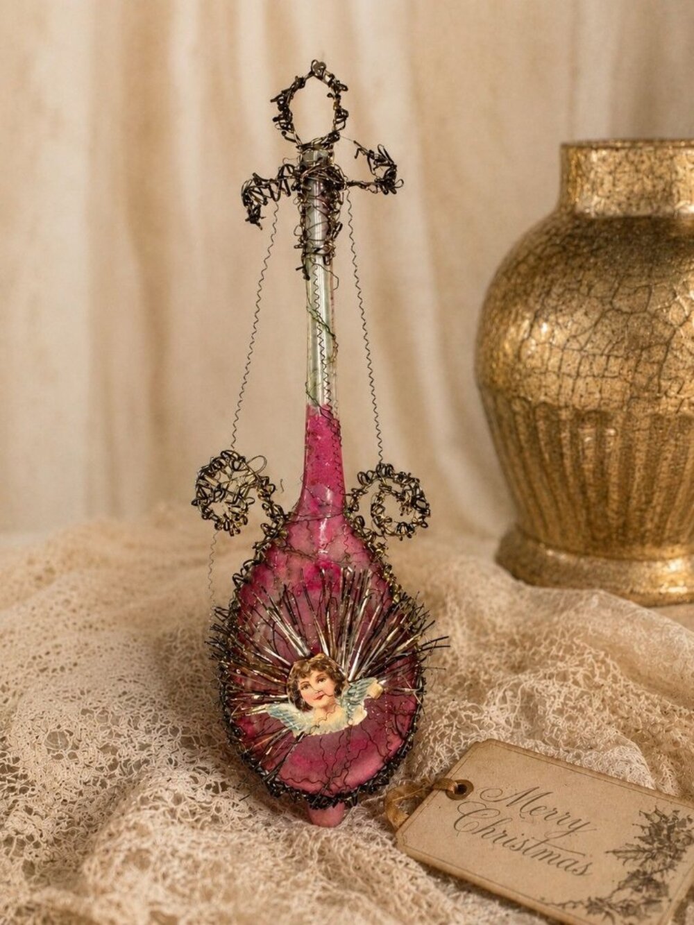 Antique Victorian German Pink Glass Mandolin Ornament Angel Scrap Wire Wrapped 9